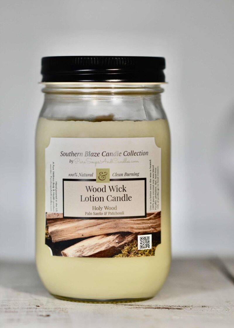 Holy Wood - Palo Santo and Patchouli wood wick lotion candle 16oz mason jar glass with lid